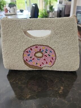 Rachel Zoe Cream Beaded Clutch with Pink Donut Motif